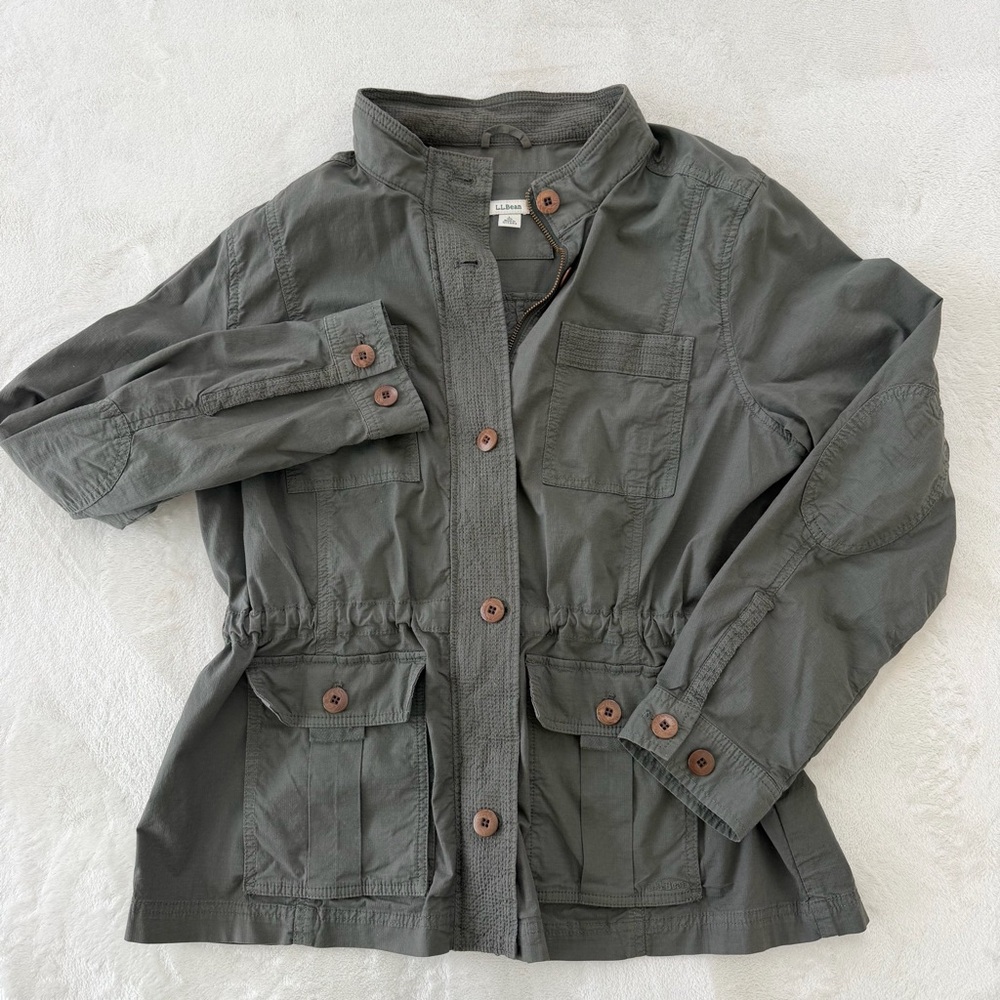 LL Bean Jacket Womens SZ L GrayGreen Utility Ripstop Field Chore FullZip Pockets - Picture 2 of 9